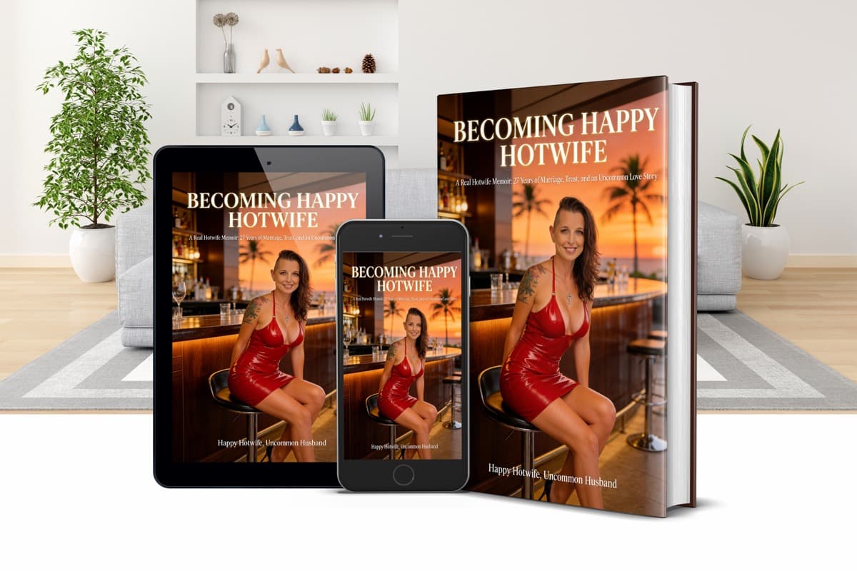 Becoming Happy Hotwife available on tablet, phone, and hardcover. A Real Hotwife Memoir: 27 Years of Marriage, Trust, and an Uncommon Love Story.