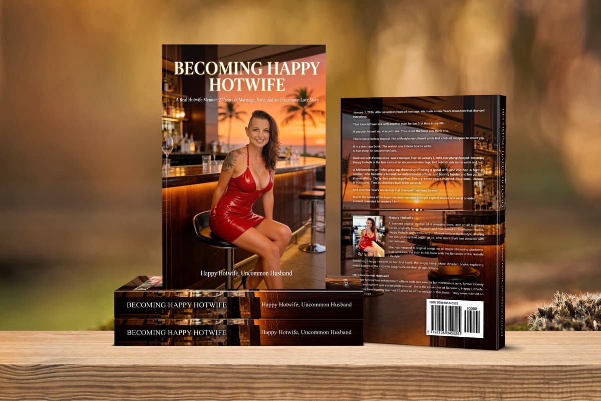 Becoming Happy Hotwife paperback. Front cover, back cover, and stacked copies. A Real Hotwife Memoir: 27 Years of Marriage, Trust, and an Uncommon Love Story.