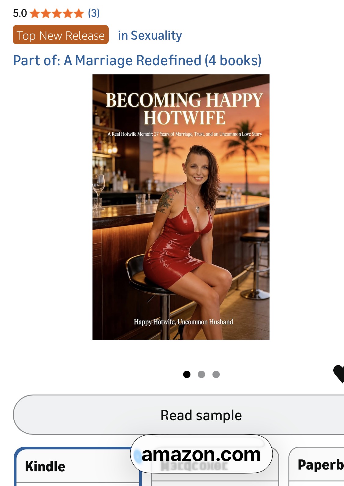 Amazon product page screenshot of Becoming Happy Hotwife showing the orange Top New Release badge with the text 'in Sexuality' and a 5.0 star average rating across 3 reviews.