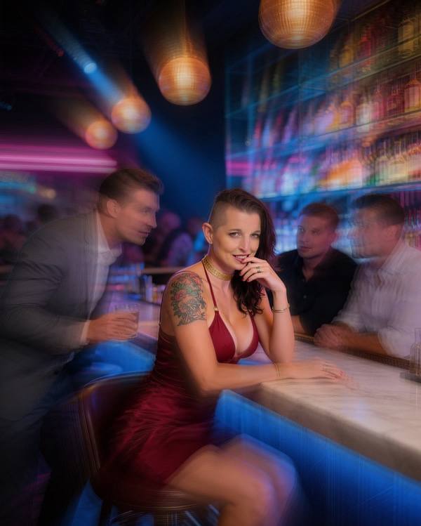 Happy Hotwife red dress at bar nightclub — how to start Hotwife conversation