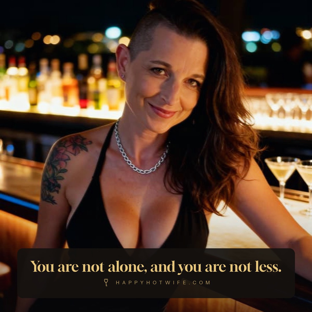 "You are not alone, and you are not less." Quote from Becoming Happy Hotwife. Happy Hotwife smiling at a bar in a black dress.