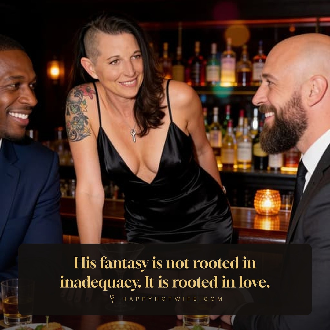 "His fantasy is not rooted in inadequacy. It is rooted in love." Quote from Becoming Happy Hotwife. Happy Hotwife in a black dress laughing with two men at a bar.
