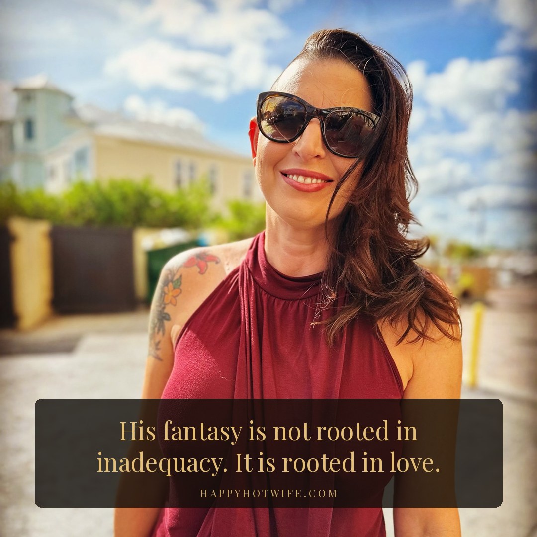 "His fantasy is not rooted in inadequacy. It is rooted in love." Quote from Becoming Happy Hotwife, Chapter 4. Happy Hotwife in a red halter top on a sunny street.