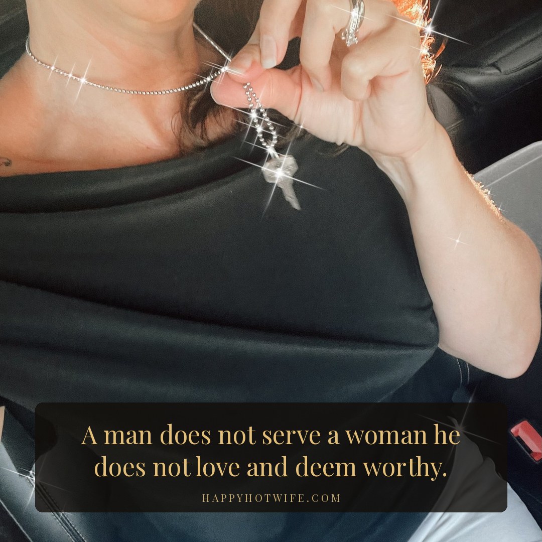 "A man does not serve a woman he does not love and deem worthy." Quote from Becoming Happy Hotwife, Chapter 20. Happy Hotwife holding up the silver key necklace she wears.
