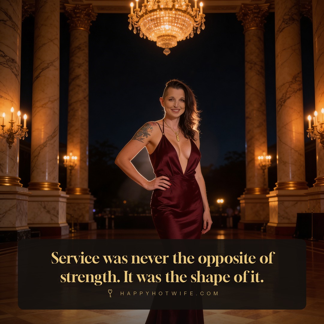 "Service was never the opposite of strength. It was the shape of it." Quote from Becoming Happy Hotwife. Happy Hotwife in a burgundy gown in a candlelit ballroom.