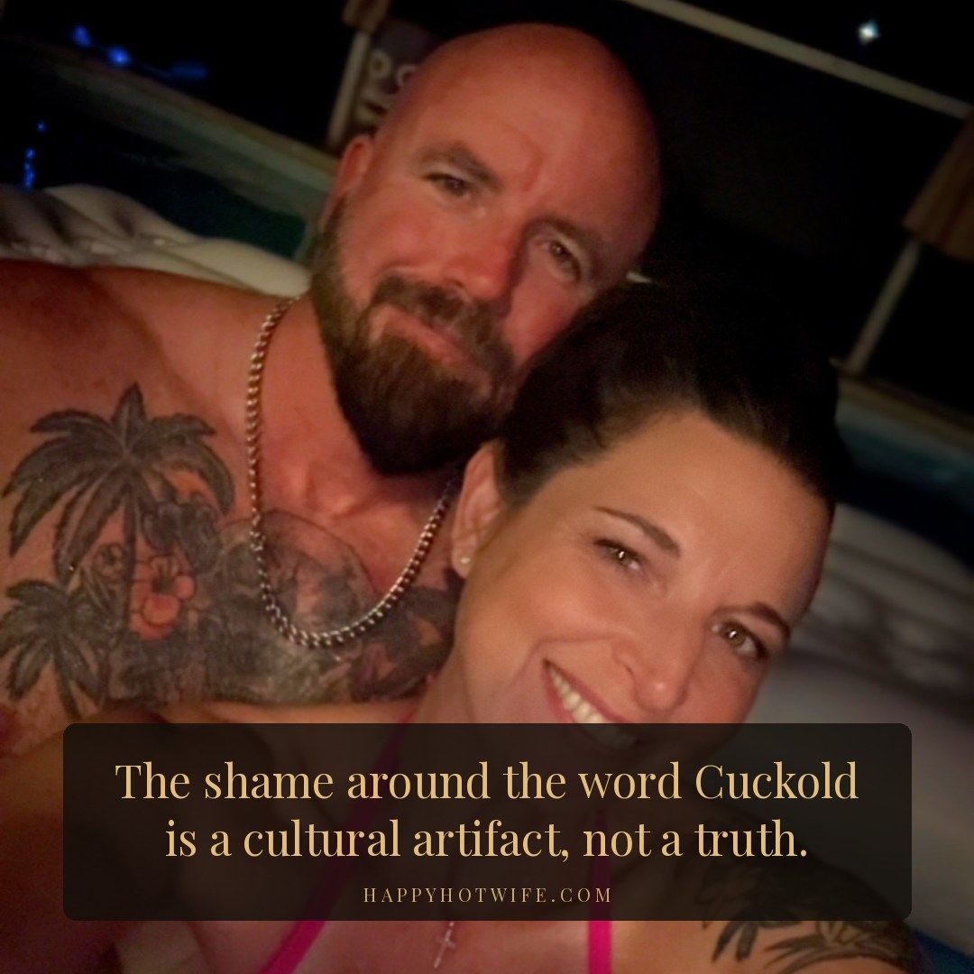 "The shame around the word Cuckold is a cultural artifact, not a truth." Quote from Becoming Happy Hotwife. Happy Hotwife and her Cuckold husband together in the pool at night.