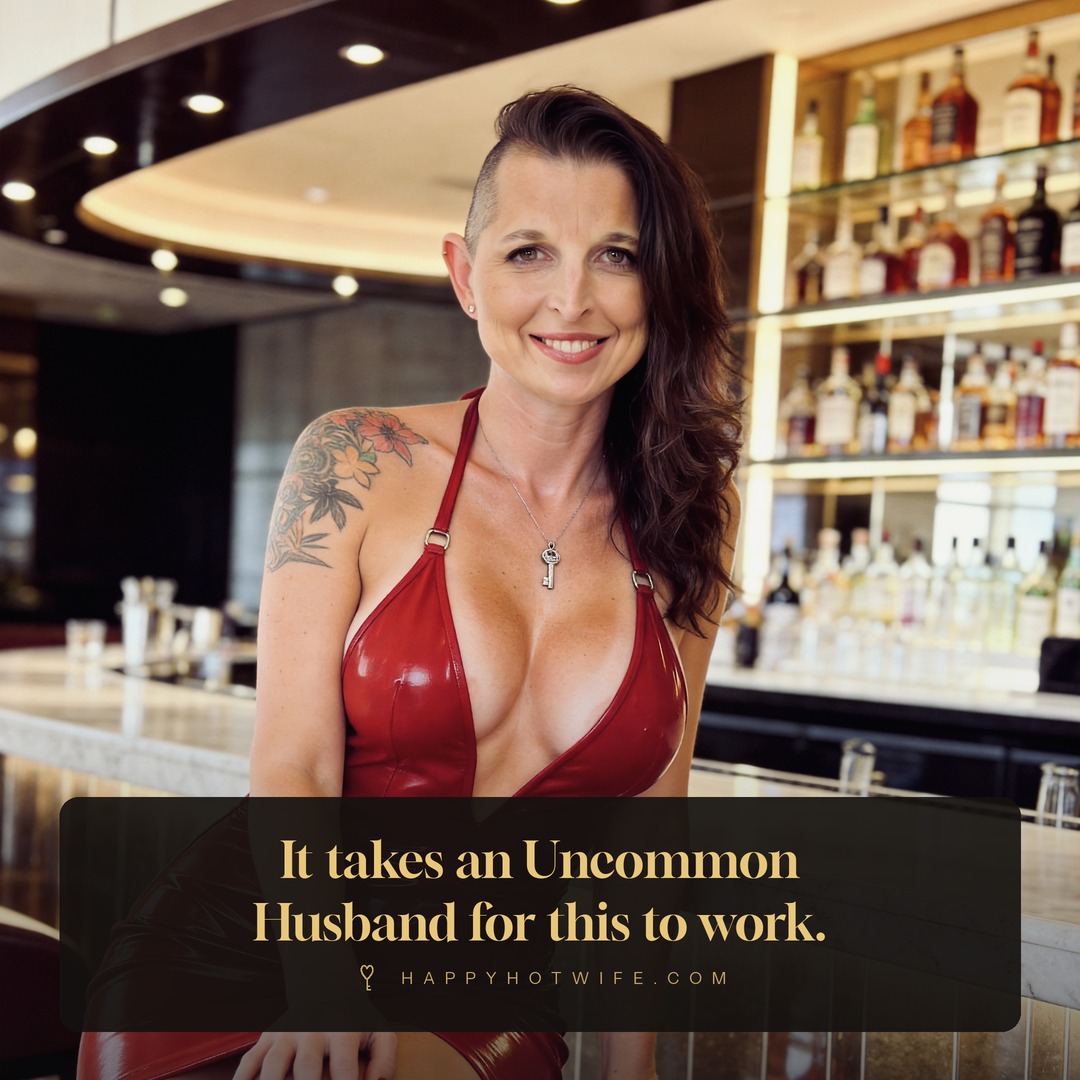 "It takes an Uncommon Husband for this to work." Quote from Becoming Happy Hotwife. Happy Hotwife seated at a hotel bar in a red dress.