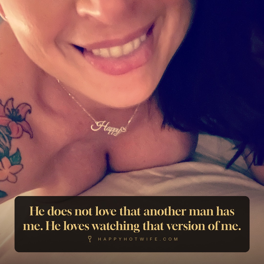 "He does not love that another man has me. He loves watching that version of me." Quote from Becoming Happy Hotwife. Close portrait of Happy Hotwife wearing her Happy script necklace.