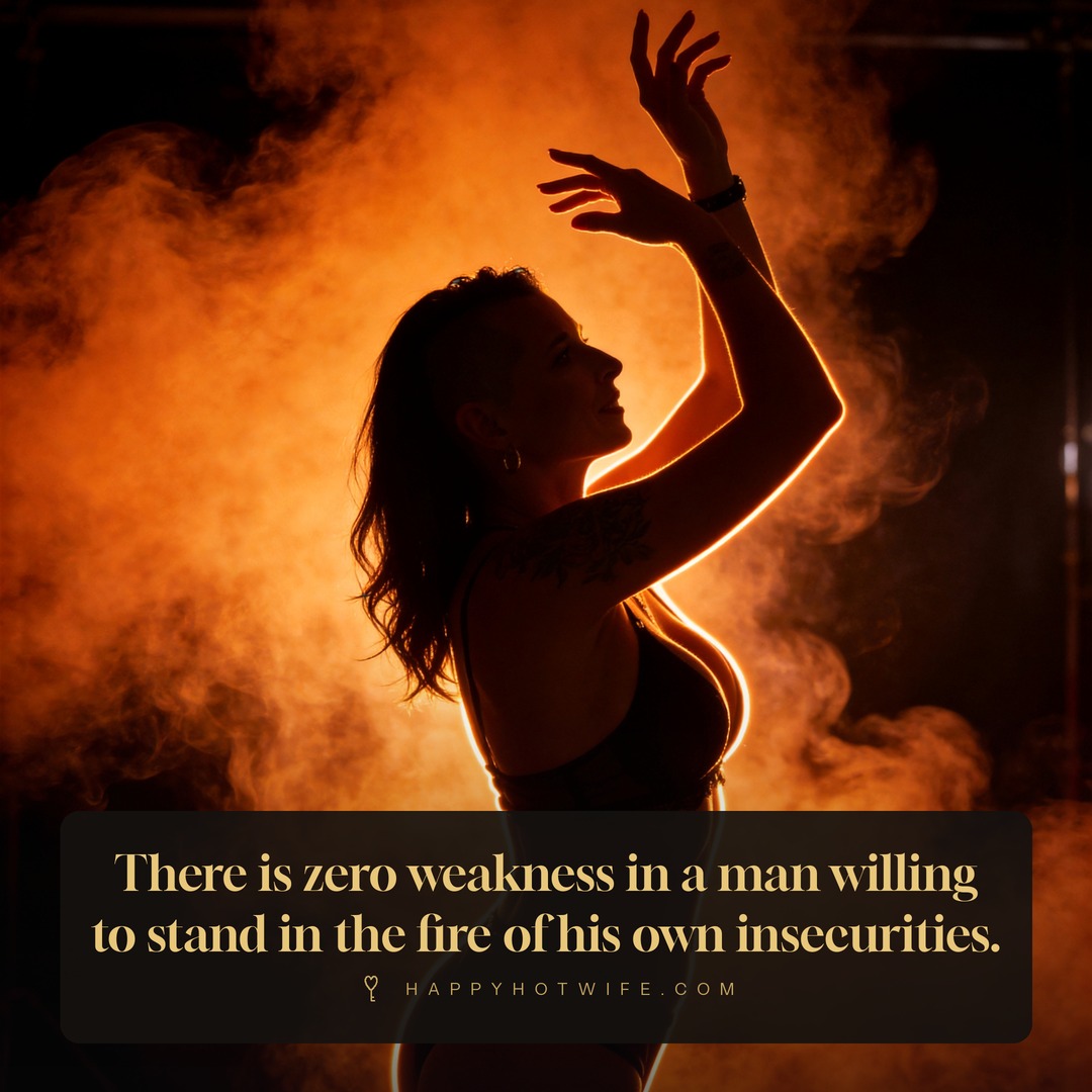 "There is zero weakness in a man willing to stand in the fire of his own insecurities." Quote from Becoming Happy Hotwife. Silhouette of Happy Hotwife against orange smoke.