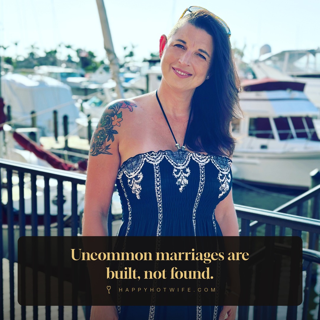 "Uncommon marriages are built, not found." Quote from Becoming Happy Hotwife. Happy Hotwife at a marina in a navy embroidered dress.