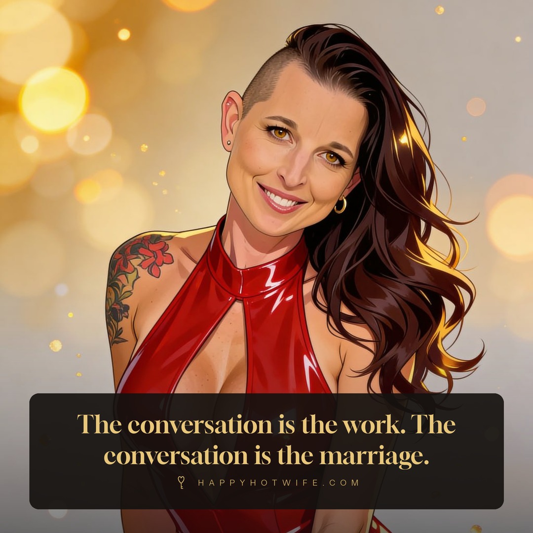 "The conversation is the work. The conversation is the marriage." Quote from Becoming Happy Hotwife. Stylised portrait of Happy Hotwife in red.