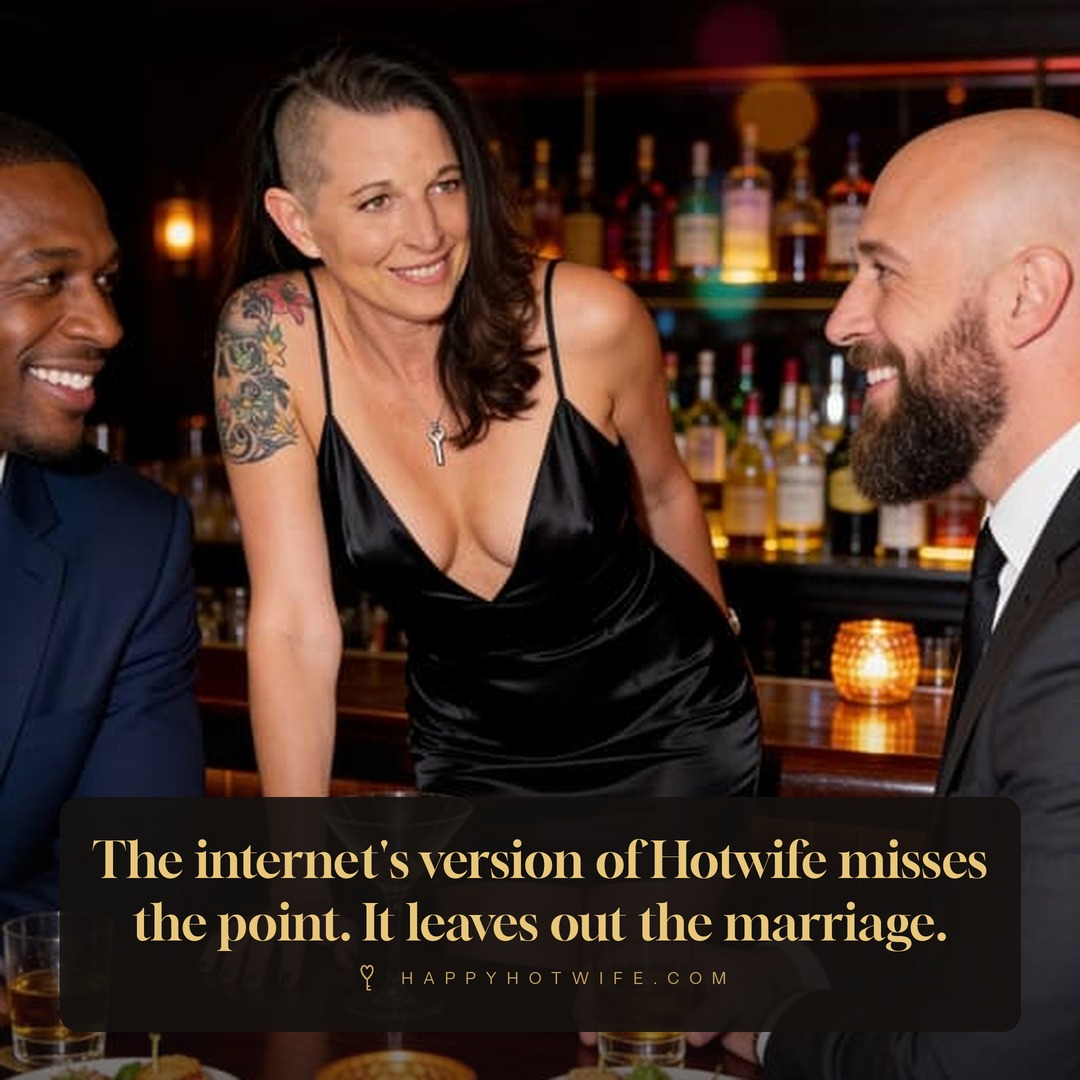 "The internet's version of Hotwife misses the point. It leaves out the marriage." Quote from Becoming Happy Hotwife. Happy Hotwife with two men at a bar.
