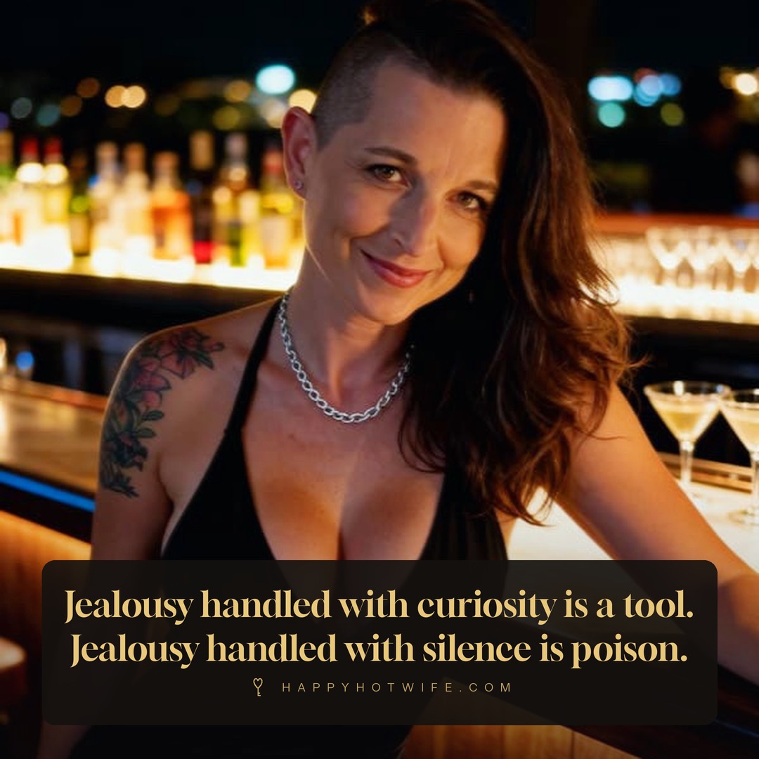"Jealousy handled with curiosity is a tool. Jealousy handled with silence is poison." Quote from Becoming Happy Hotwife. Happy Hotwife smiling at a bar.