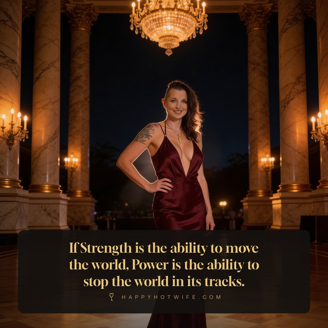 "If Strength is the ability to move the world, Power is the ability to stop the world in its tracks." Quote from Becoming Happy Hotwife. Happy Hotwife in a burgundy gown in a ballroom.