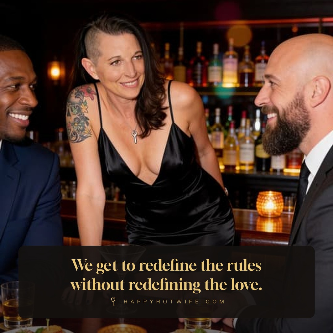 "We get to redefine the rules without redefining the love." Quote from Becoming Happy Hotwife. Happy Hotwife in a black dress with two men at a bar.