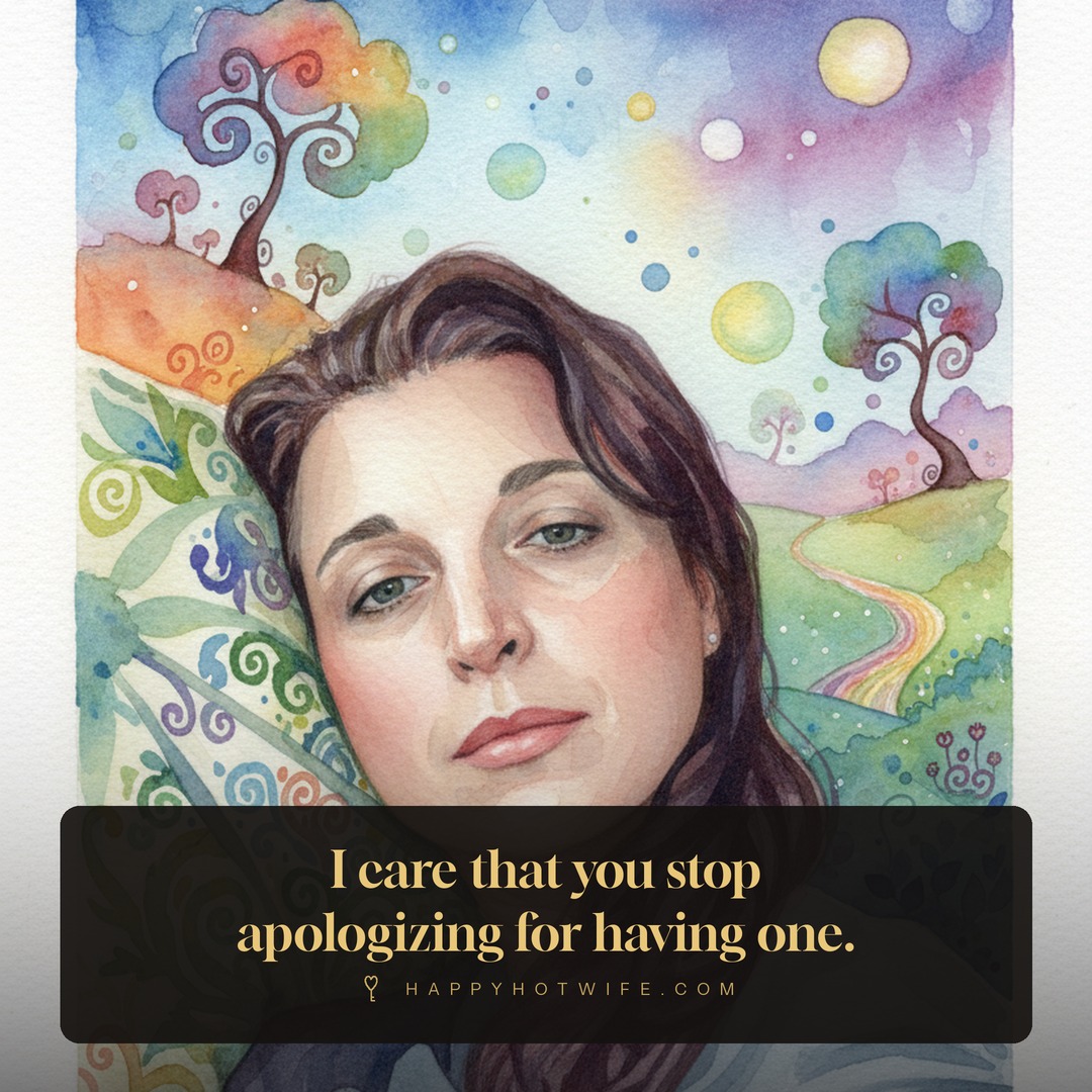 "I care that you stop apologizing for having one." Quote from Becoming Happy Hotwife. Illustrated portrait of Happy Hotwife.
