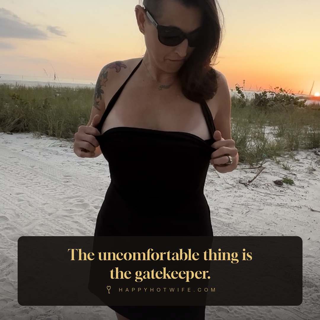 "The uncomfortable thing is the gatekeeper." Quote from Becoming Happy Hotwife. Happy Hotwife walking on the beach at sunset in a black dress.