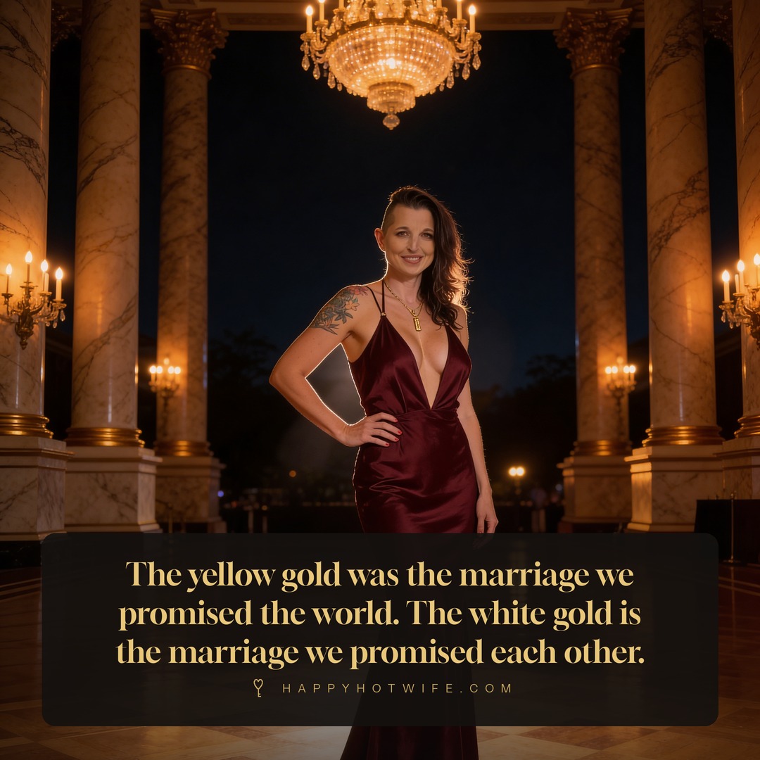 "The yellow gold was the marriage we promised the world. The white gold is the marriage we promised each other." Quote from Becoming Happy Hotwife. Happy Hotwife in a burgundy gown in a candlelit ballroom.